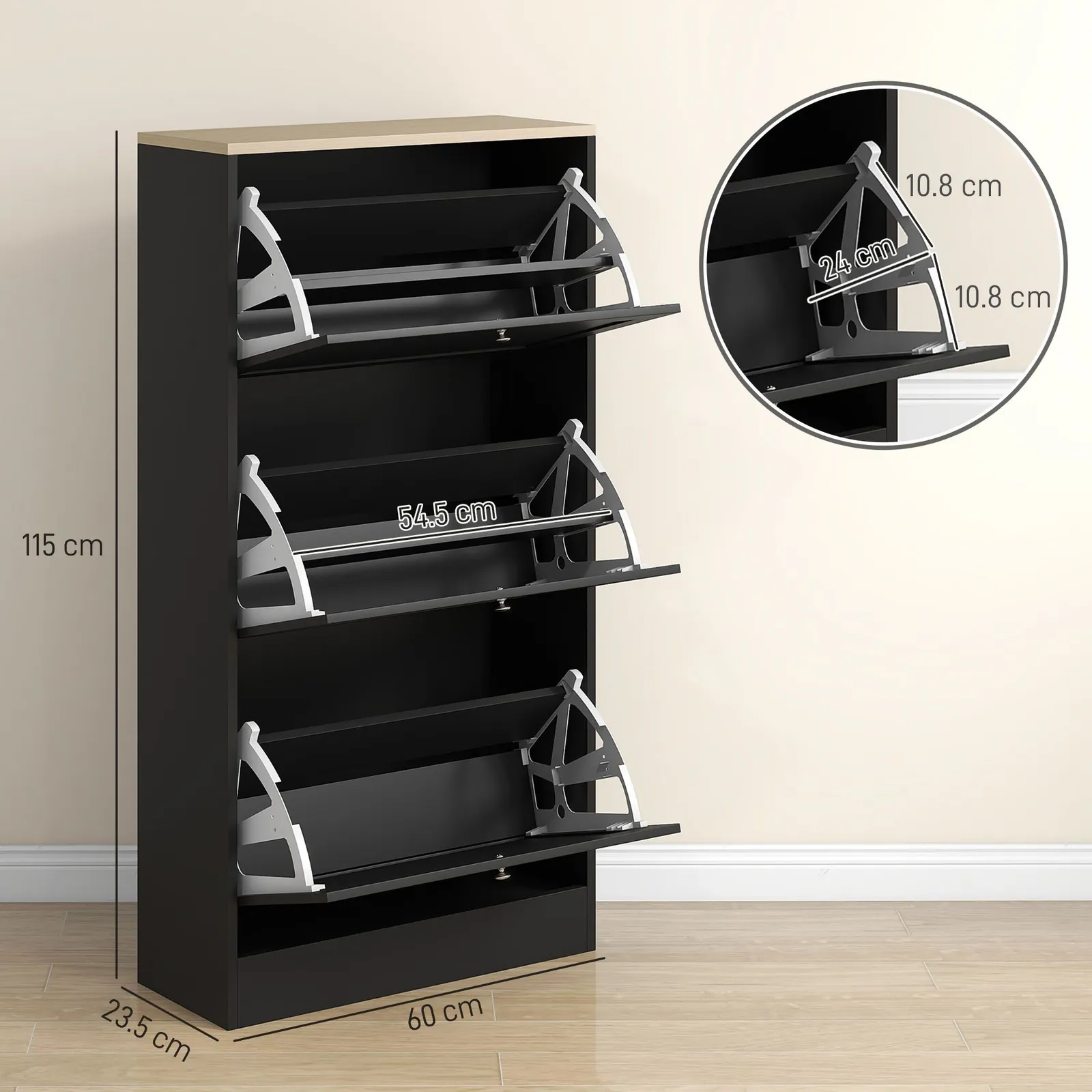 HOMCOM Narrow Shoe Cabinet w/ 3 Flip Drawers for 12-18 Pairs of Shoes Black 3