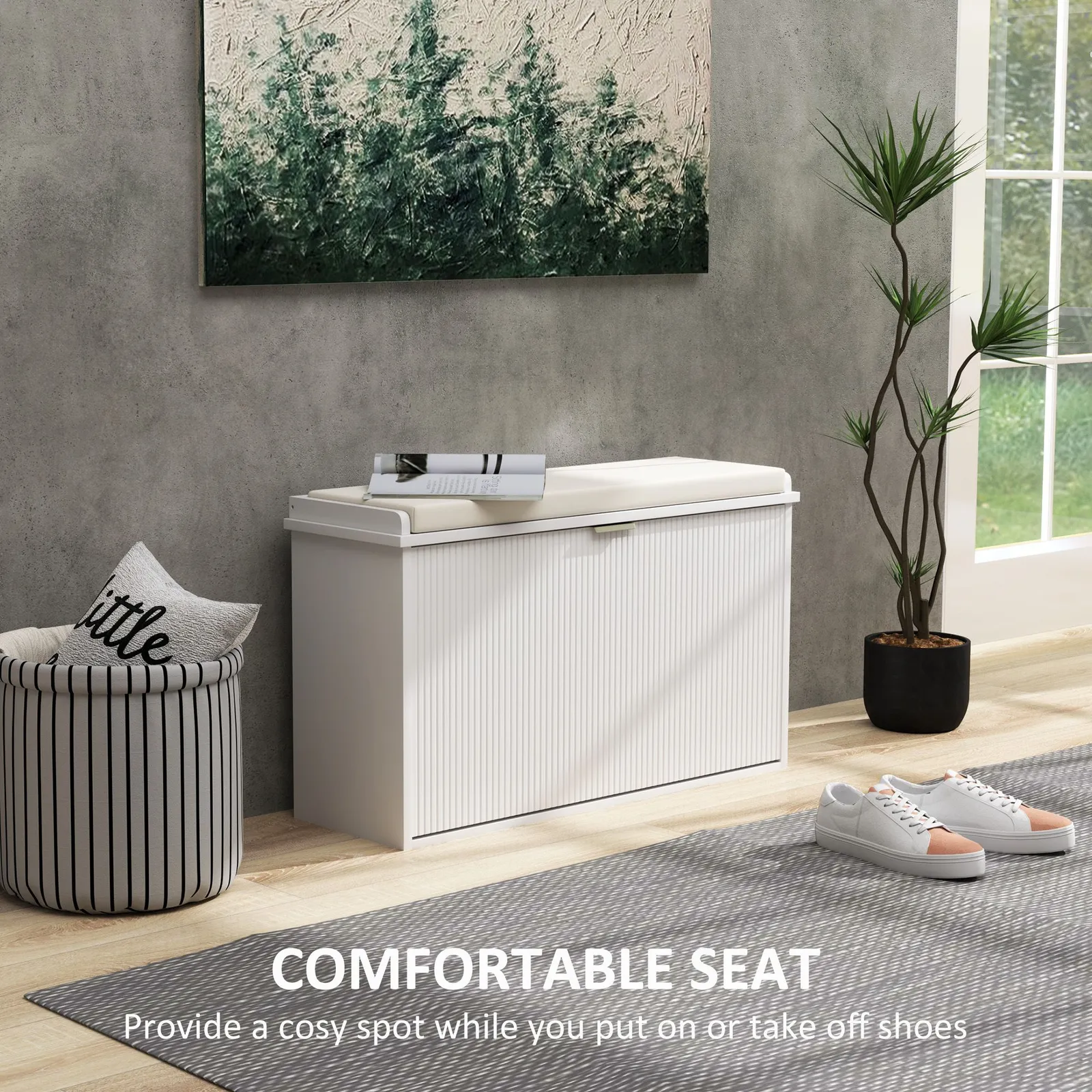 HOMCOM Shoe Storage Bench with Cushion & Flip-Drawer in White 4