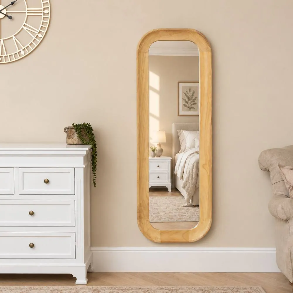 Melody Maison Natural Wood Arched Rounded Full Length Wall Mirror - 142cm x 50cm in Light Brown 6