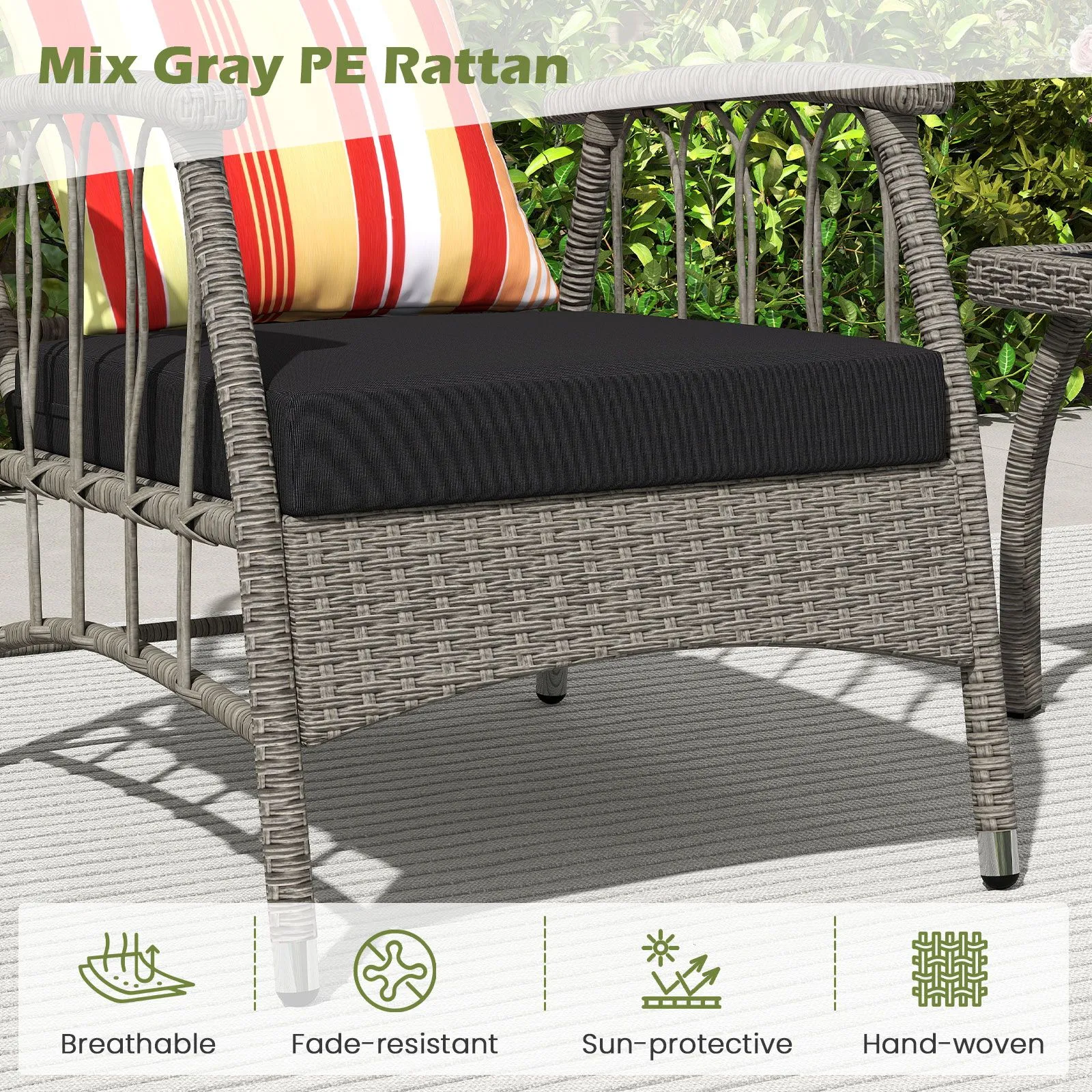 Costway 3 PCS Patio PE Wicker Furniture Set Garden Coffee Table & Armchairs in Grey 4