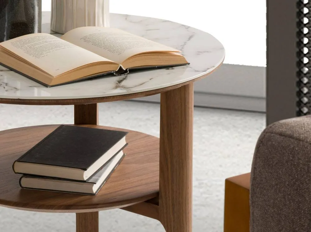 Angel Cerda Round side table in marble-effect glass & walnut in Brown 5