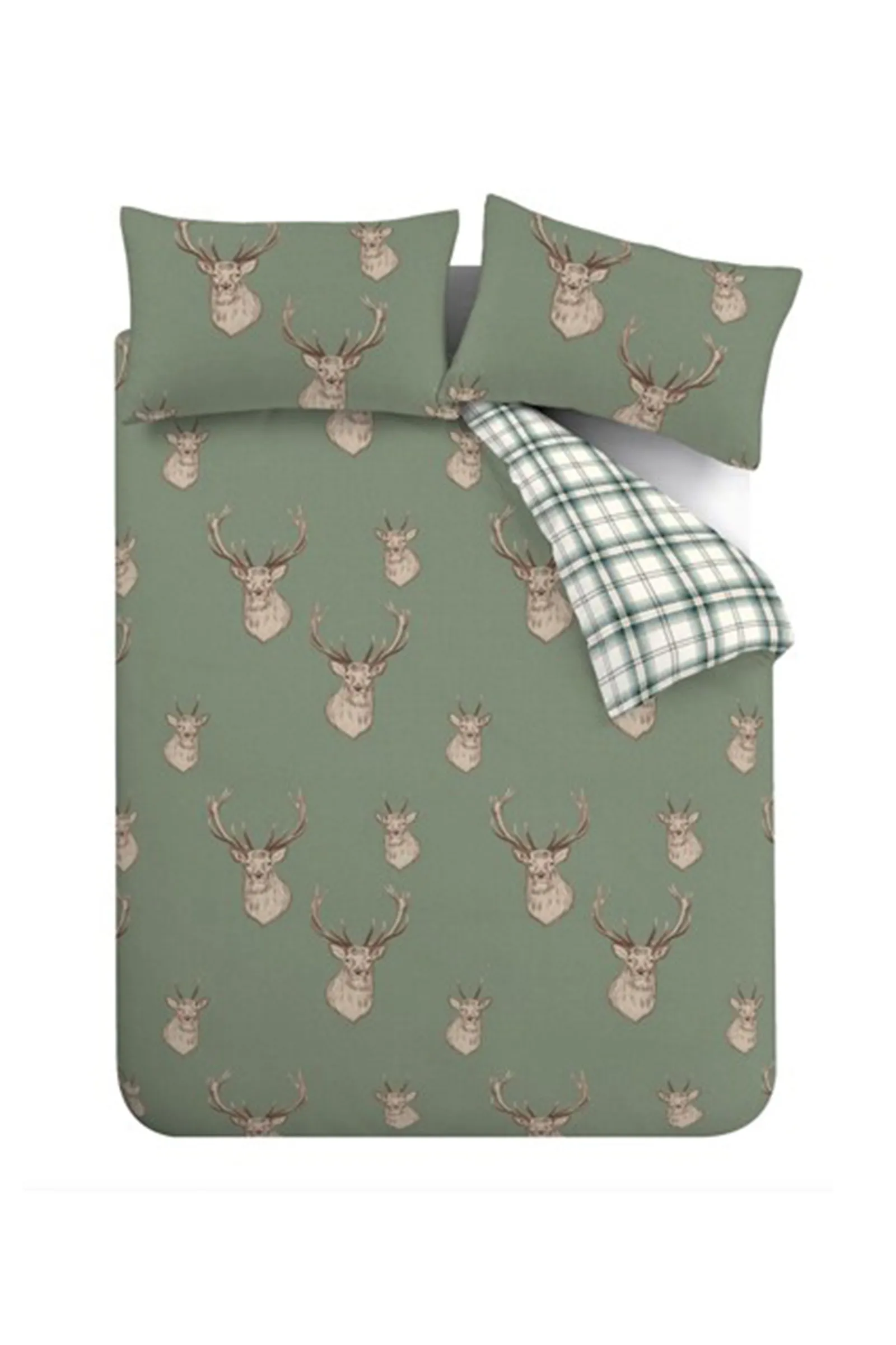 Catherine Lansfield 'Stag Check' Reversible Duvet Cover Set in Light Green 5