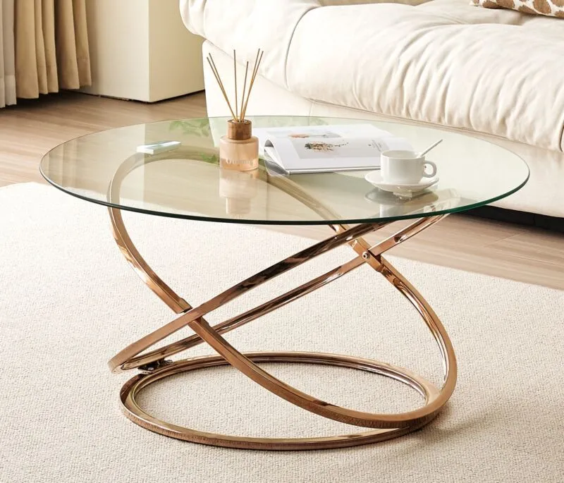 Comfy Living Ltd Round Abstract Tempered Glass Coffee Table Chrome Effect in Gold
