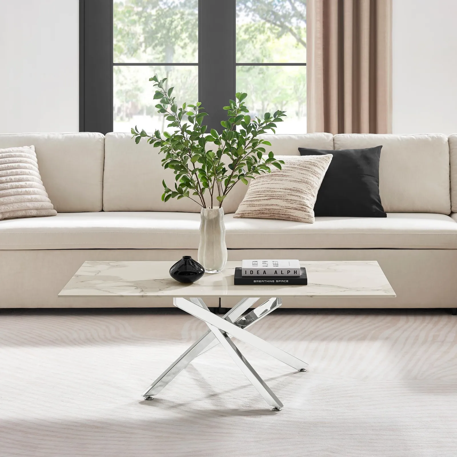 FurnitureboxUK Leonardo Rectangular Marble Effect Glass Top Coffee Table With Silver Metal Starburst Legs in White 1