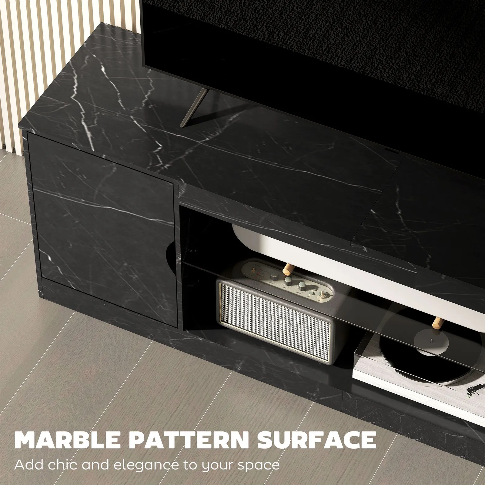 HOMCOM Marble Effect TV Stand Cabinet with Glass Shelf for 55 Inch TVs in Black 4