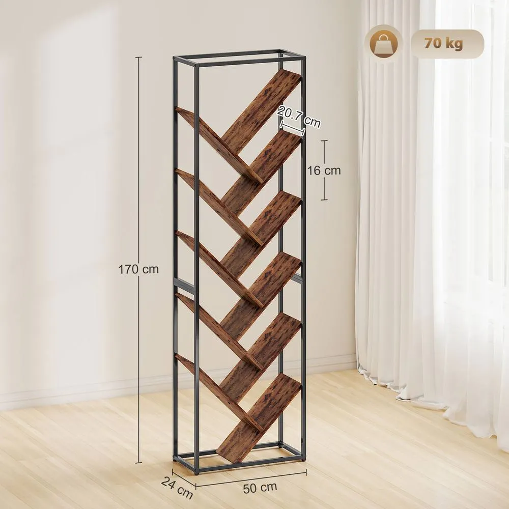 HOMCOM 10 Tier Tree Bookshelf Industrial Tall Bookcase Rustic Brown Black 3