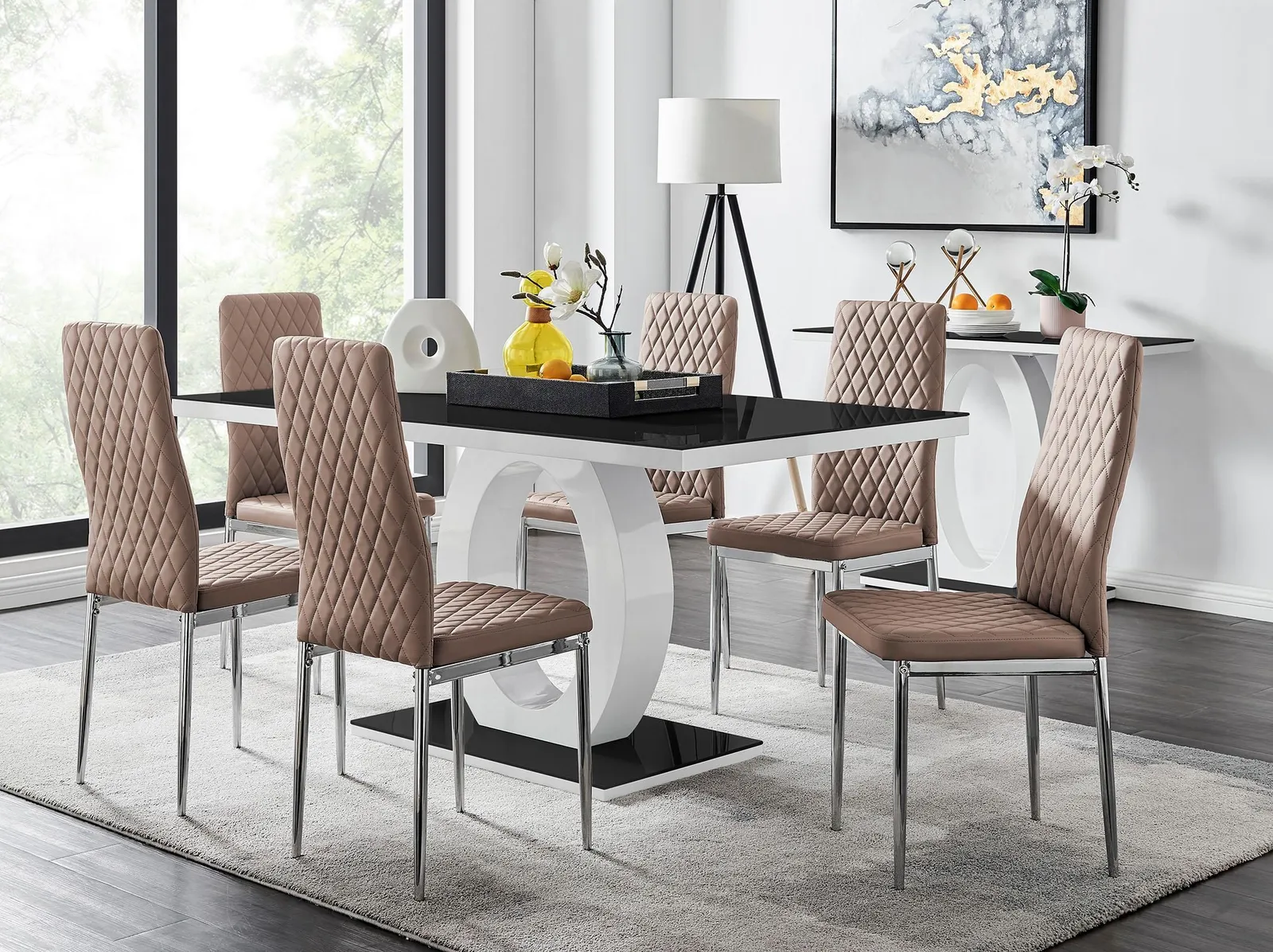 FurnitureboxUK Giovani Rectangular 6 Seat White High Gloss Unique Halo Dining Table Black Glass Top 6 Faux Leather Silver Leg Milan Chairs in Beige 1
