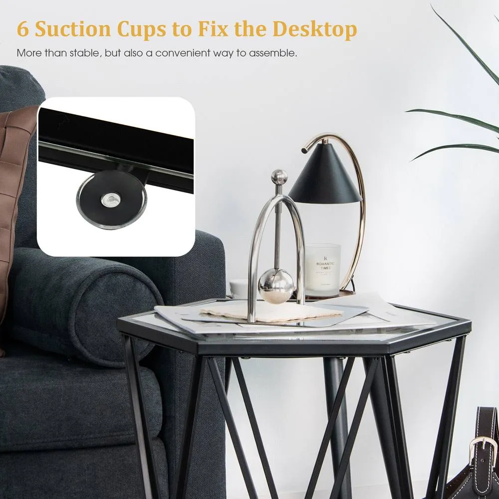 Costway Hexagonal Glass Coffee Table Metal Frame Sofa Side Table Modern End Table in Black 6