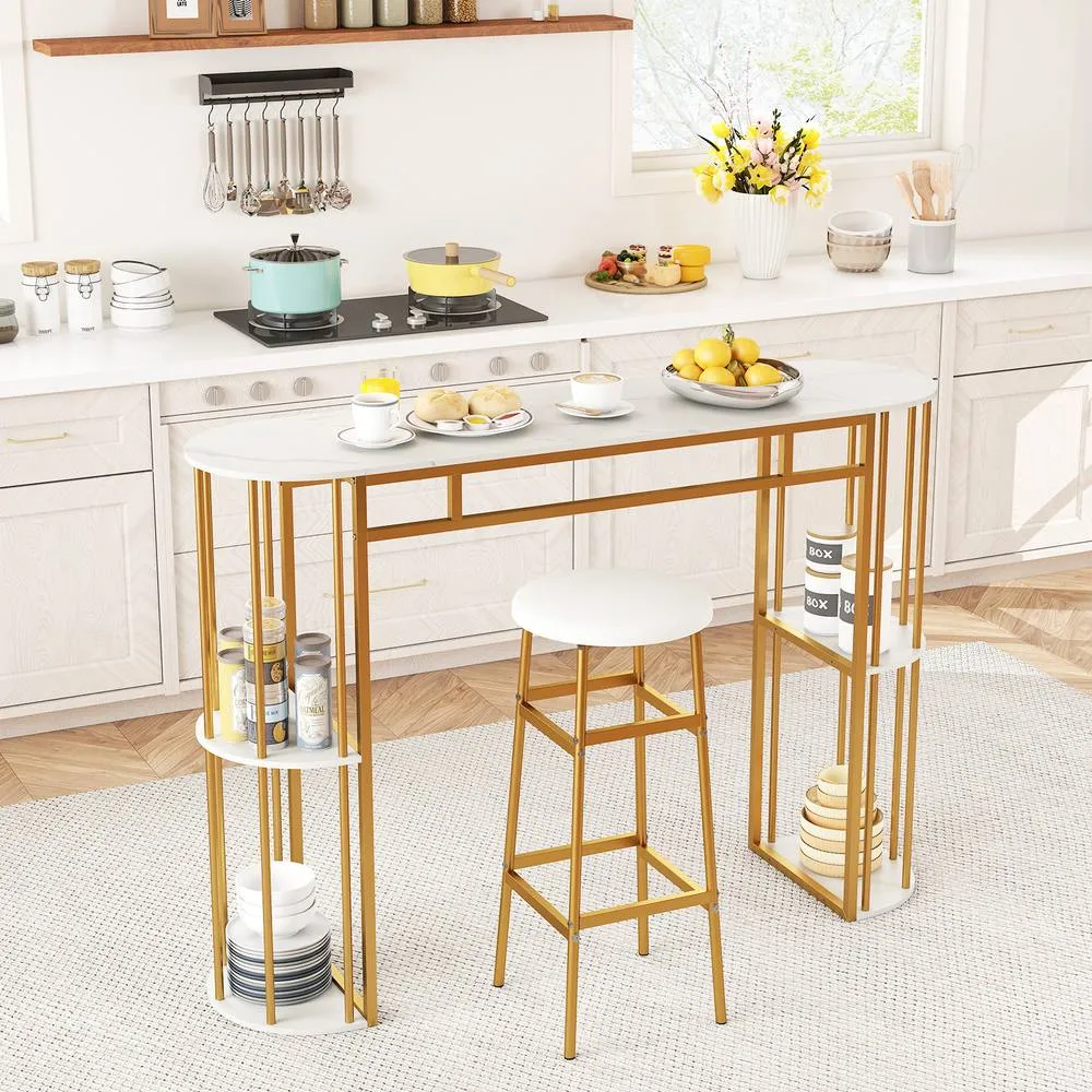 Costway 150cm Bar Height Table Pub Table w/ Faux Marble Tabletop &Shelves in White 5