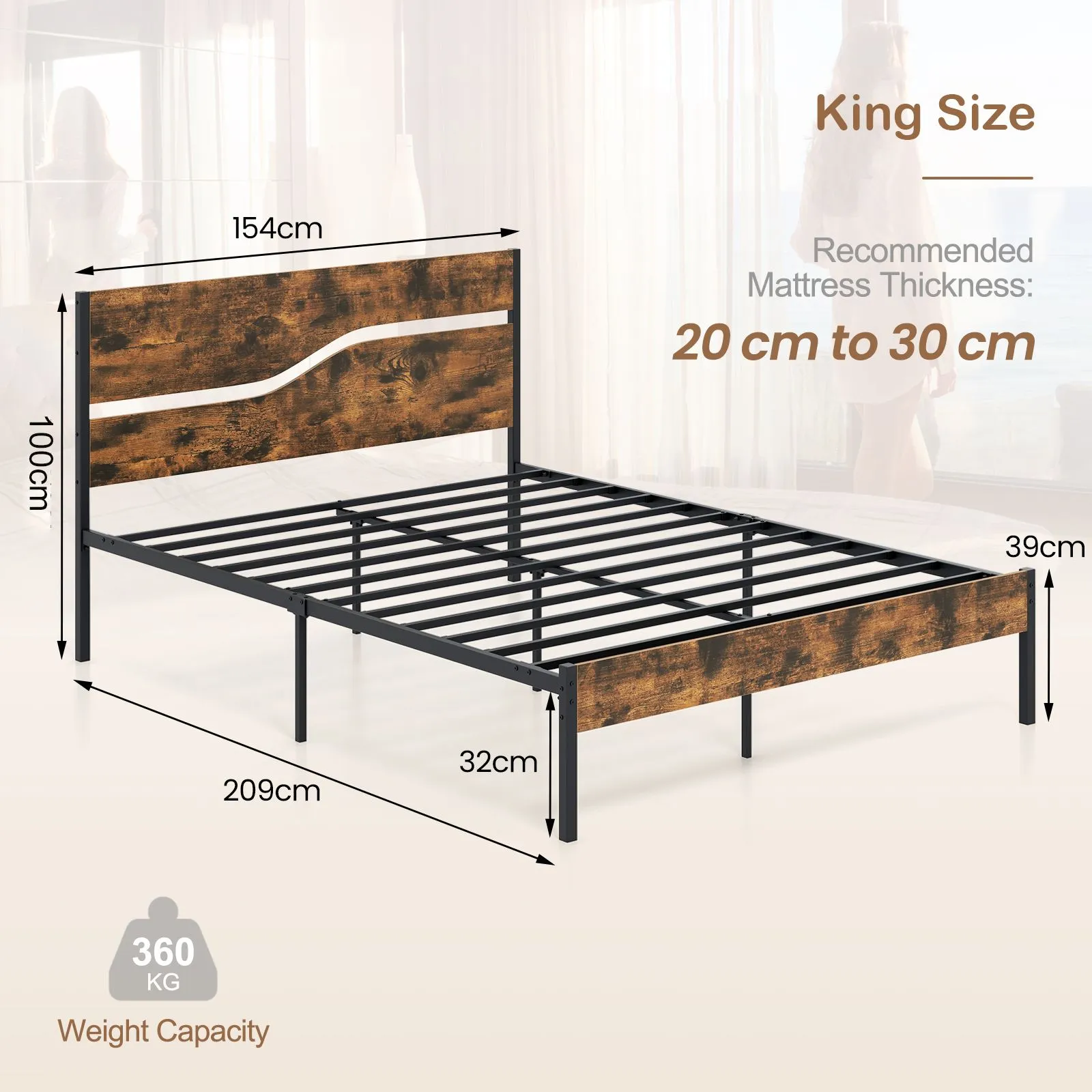 Costway King Metal Bed Frame Industrial Platform Bed w/ Wooden Headboard in Brown 2