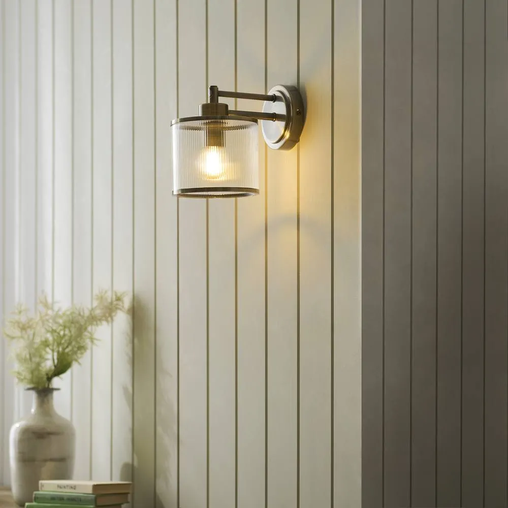 Netlighting Ridgeton Wall Lamp Antique Brass Clear Ribbed Glass in Gold 2