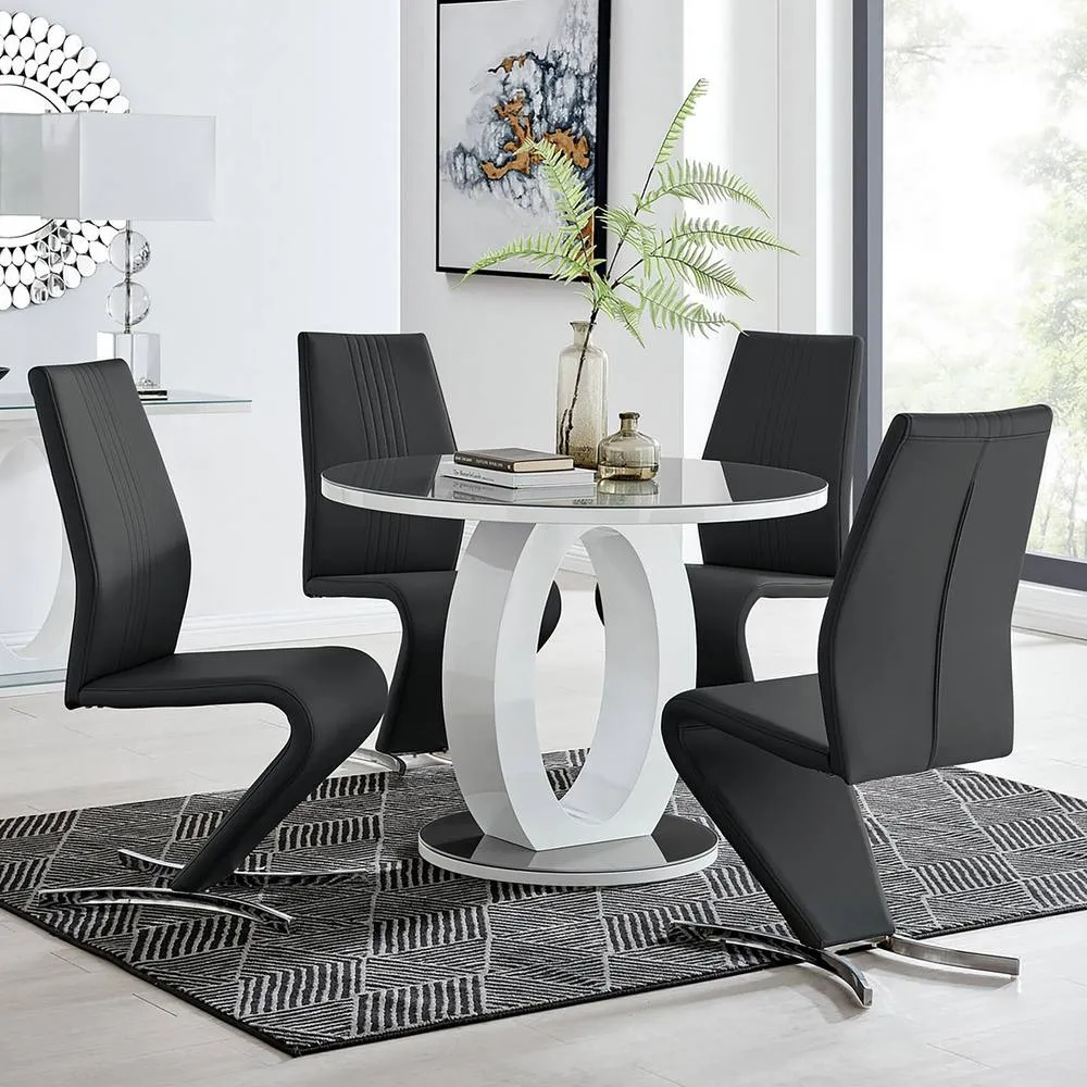 FurnitureboxUK Giovani Grey White High Glass 100cm Round Table & 4 Willow Chairs in Black