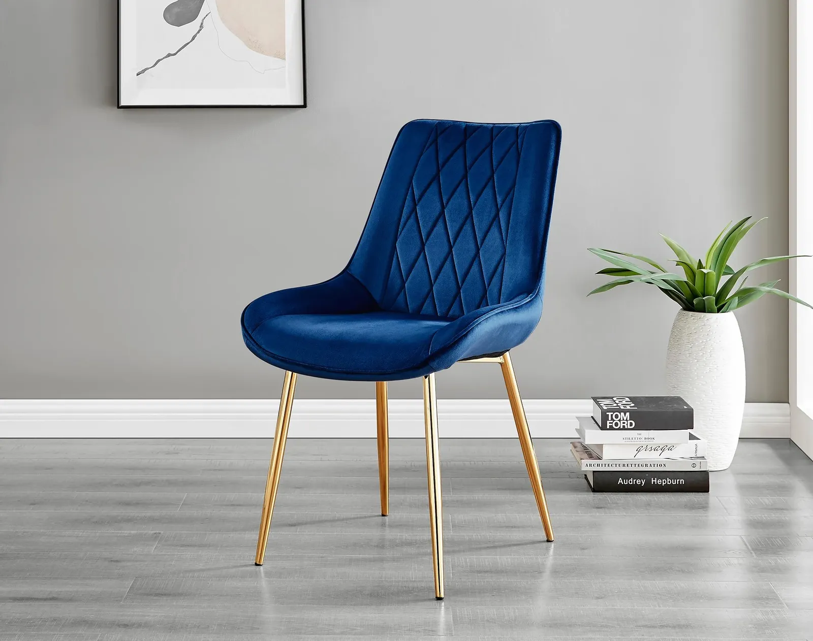 FurnitureboxUK Set of 2 Pesaro Luxury Soft Touch Diamond Pattern Velvet Dining Chairs With Gold Chrome Metal Legs in Navy 2