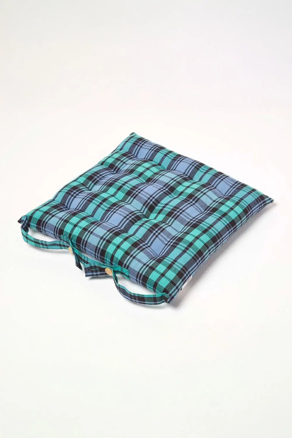 Homescapes 4 Pack Seat Pads Cotton Green Tartan Indoor Outdoor Garden Cushion, 40cm 3