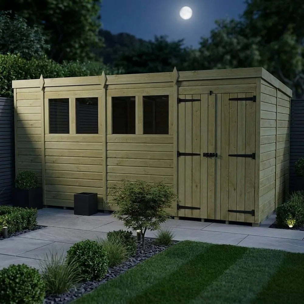 Buttercup Farm 14ft x 10ft Pent Garden Shed Double Door With Windows - Timber in Brown 3
