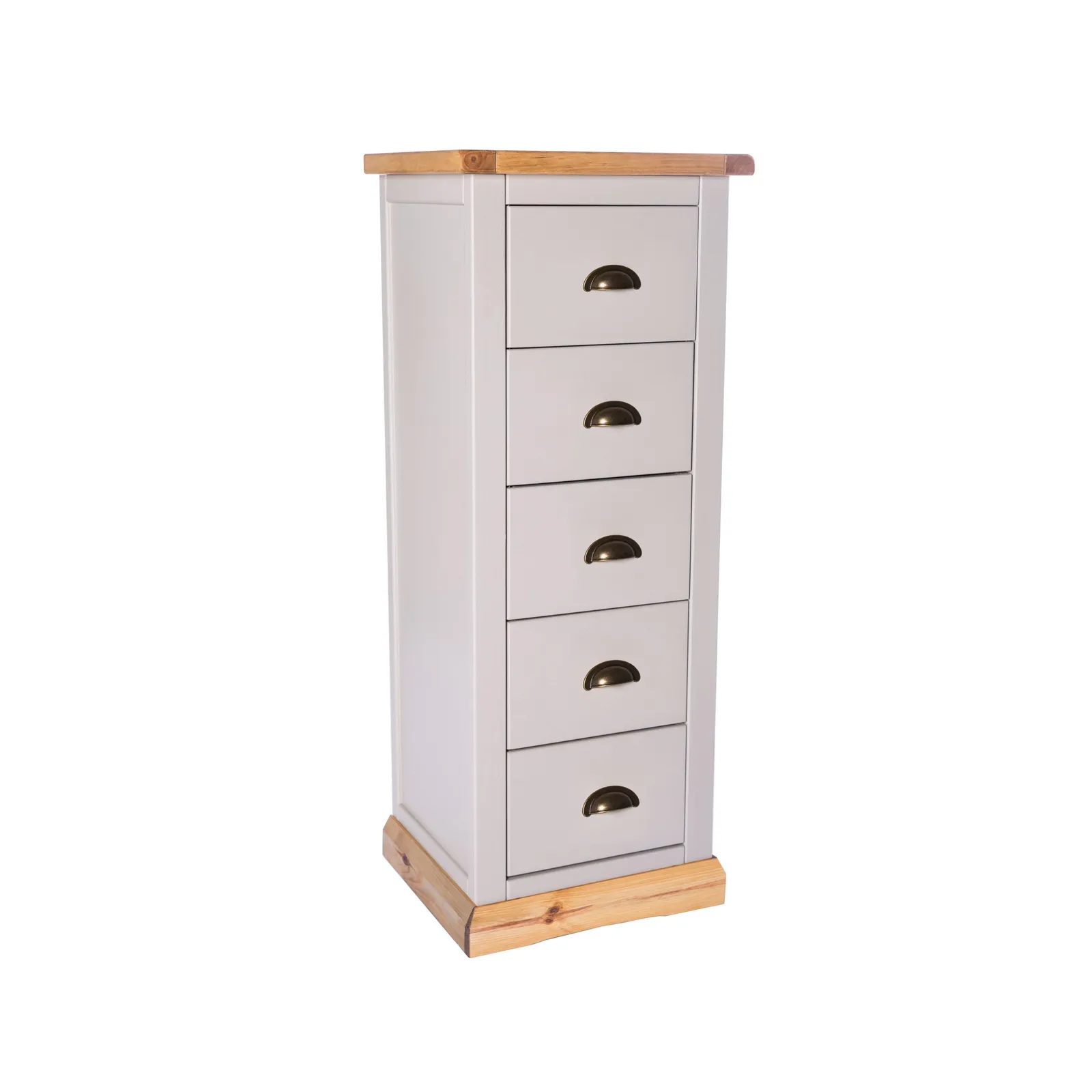 Cabinet Bits Bomporto 5 Drawer Narrow Chest of Drawers Brass Cup Handle in Light Grey 3