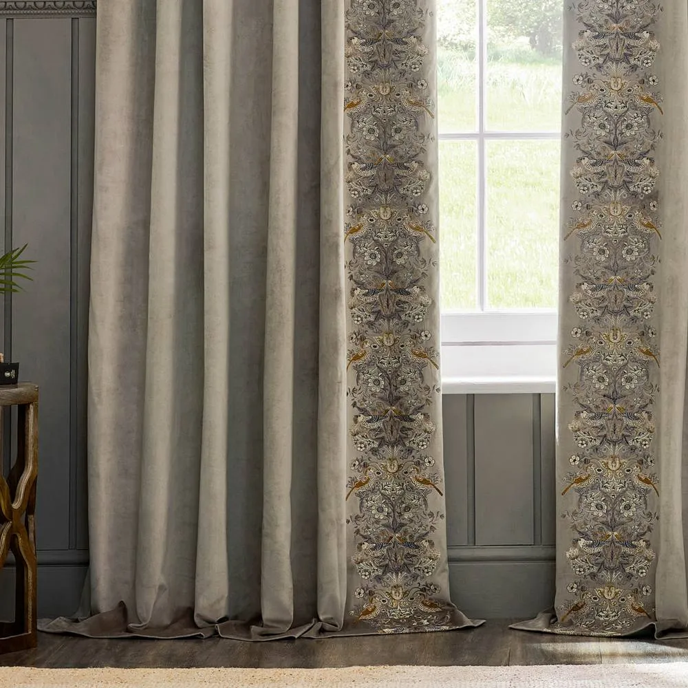 Morris & Co Strawberry Thief Embroidered Velvet Room Darkening Pencil Pleat Curtain Pair in Beige 5