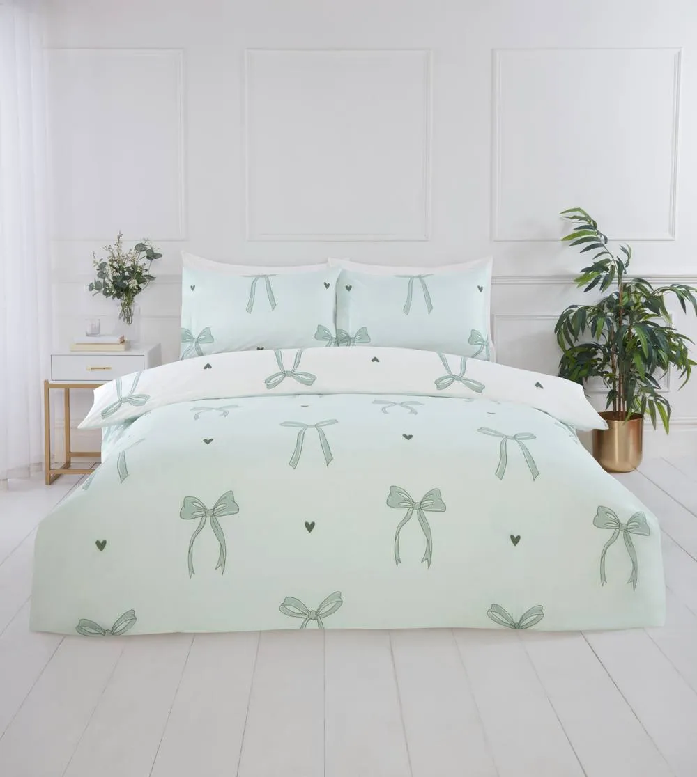 Rapport Home Bows Microfibre Duvet Cover Set with Pillowcase in Green 4
