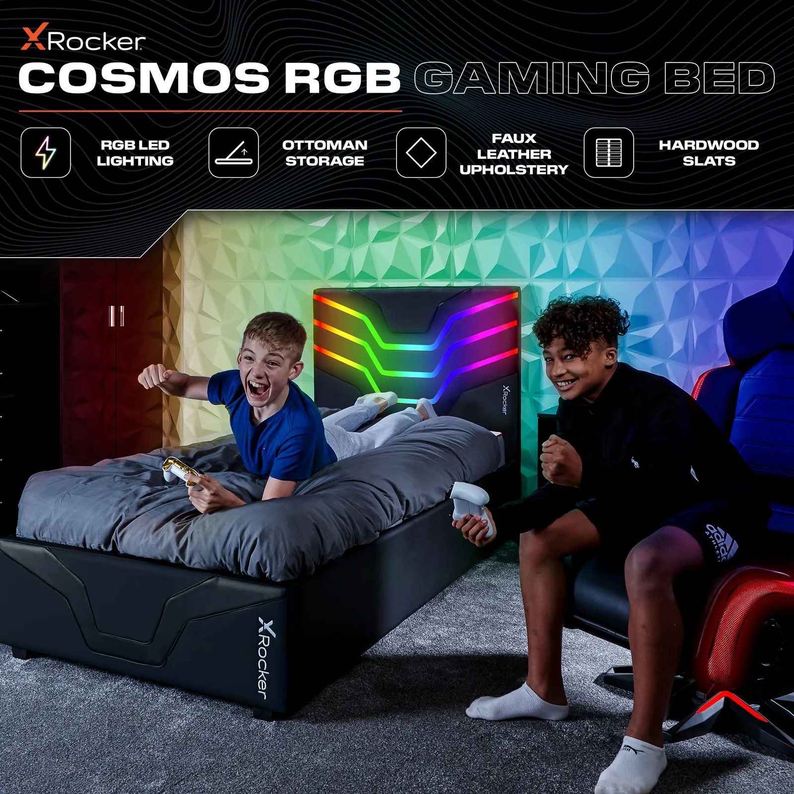 X Rocker Cosmos Ottoman Bed with LED Lighting, Storage & Mattress in Black 2
