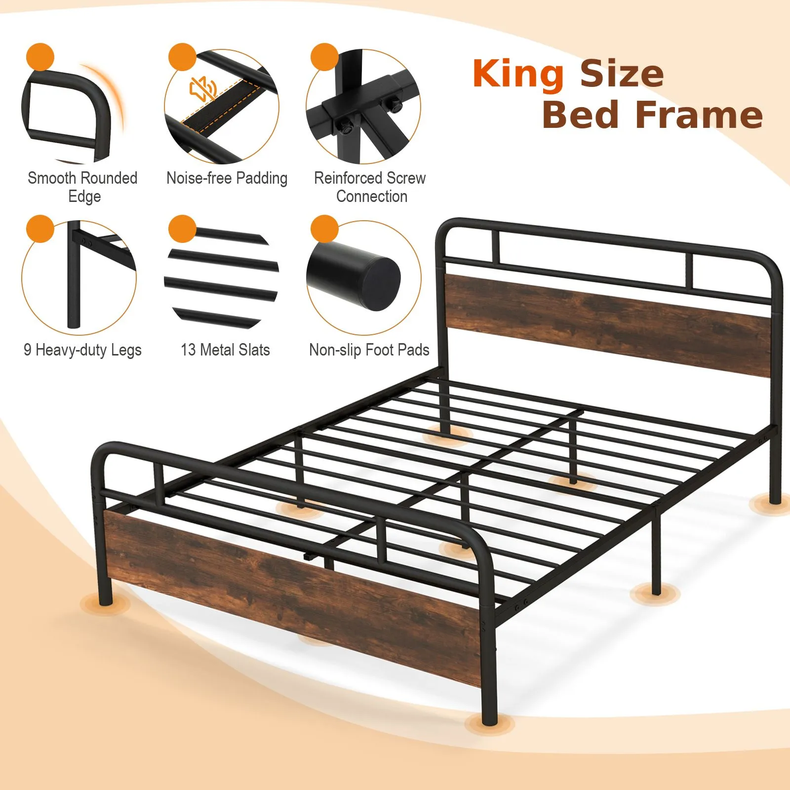 Costway Industrial King Size Bed Frame Heavy-duty Platform Bed in Dark Brown 5