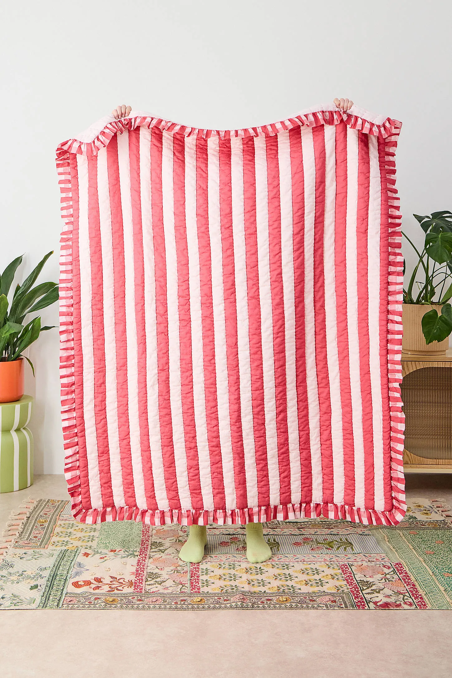Pink & Red Stripe Quilted Throw - Pink