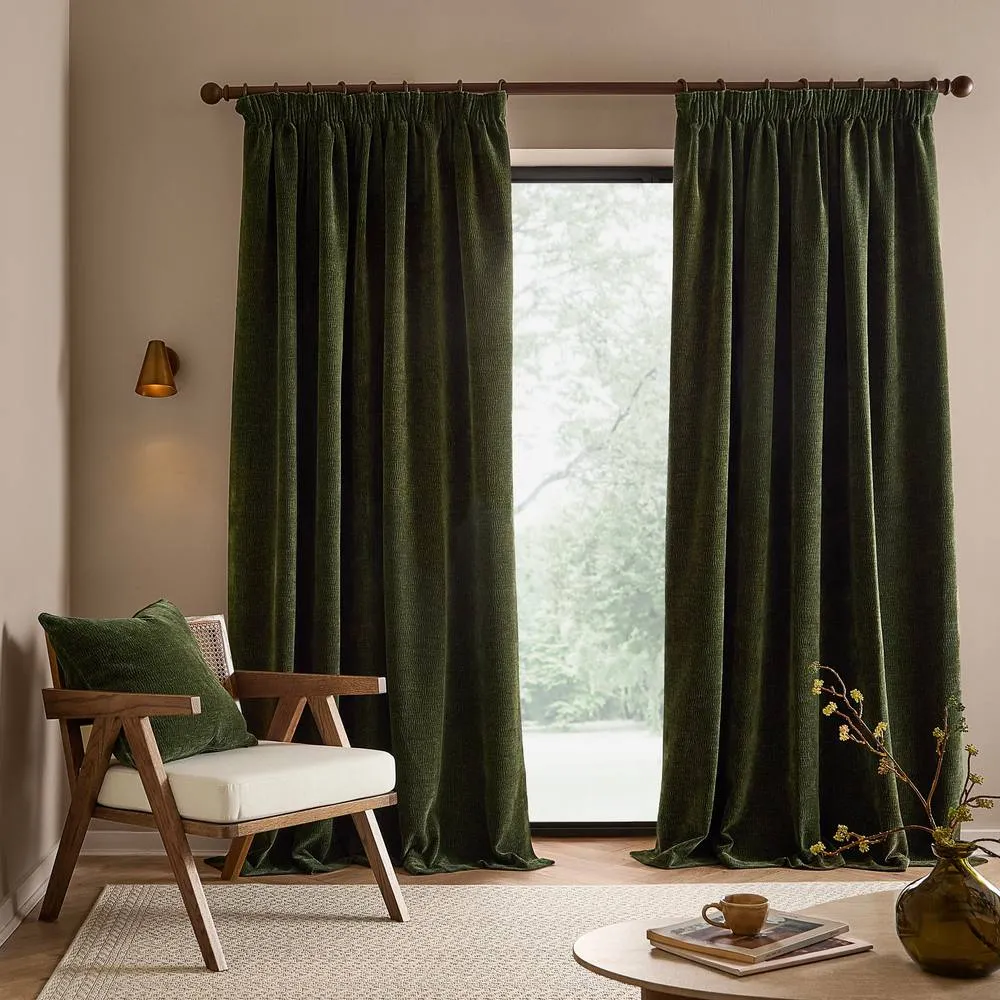 Yard Heath Washed Velvet Fully Lined Pencil Pleat Curtain Pair in Olive 4