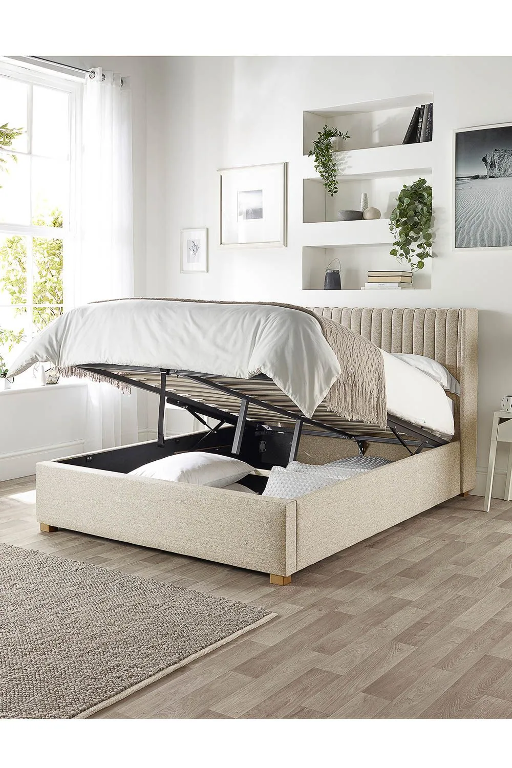 Catherine Lansfield Soho Ottoman Storage Wing Bed in Saxon Twill Fabric, Custom Made in Natural 3
