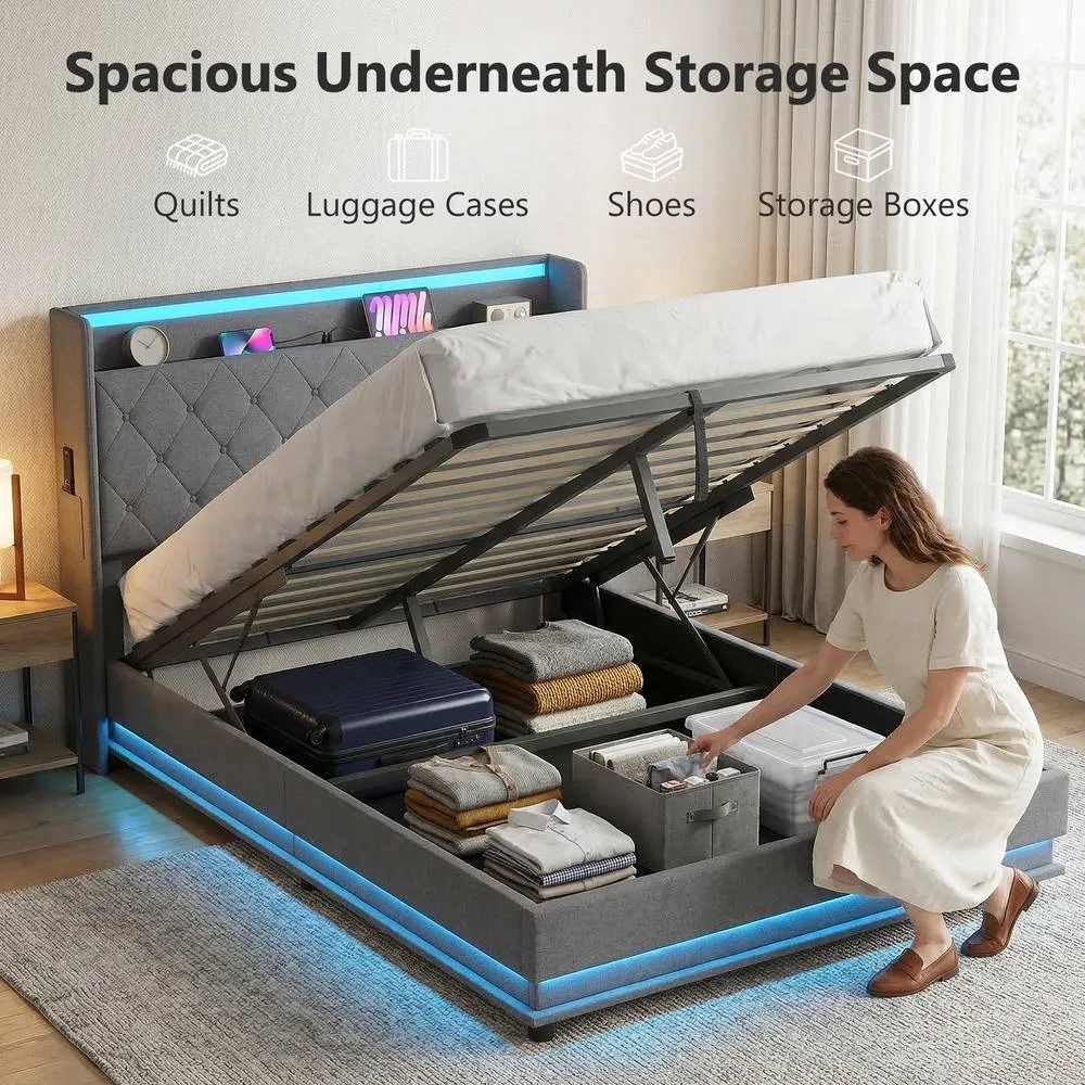HOMCOM Lift up Storage Bed Frame with RGB LED Lights, 135 x 190cm, Dark Grey 4