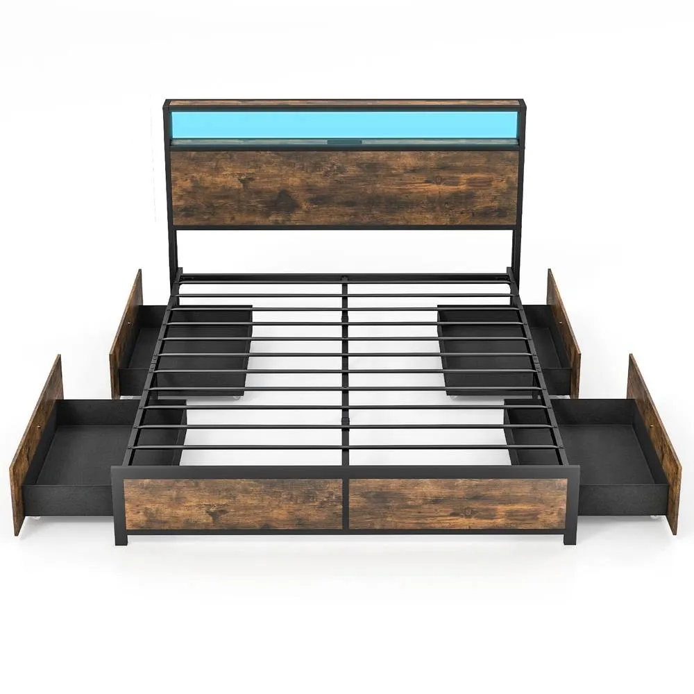 Costway King Size Bed Frame Metal Bed Platform LED Lights Headboard in Black
