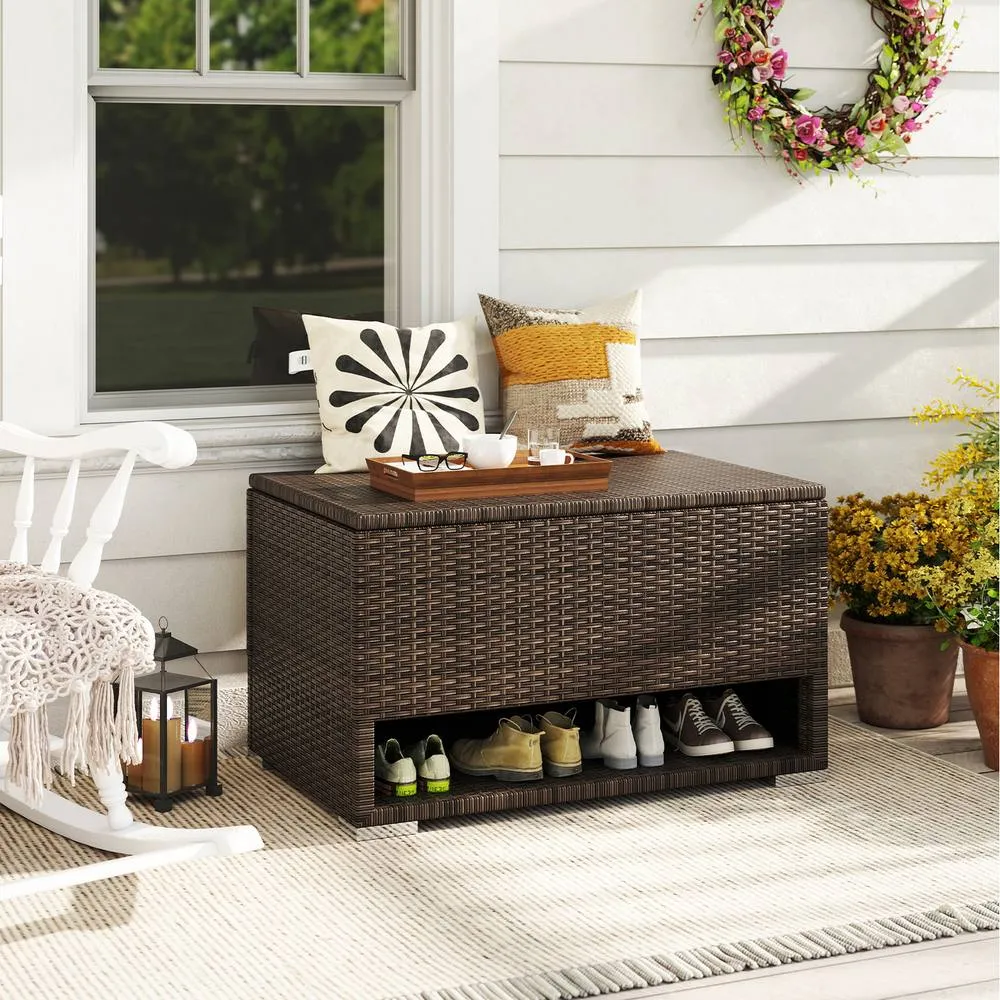 Costway Deck Box 180L PE Rattan Storage Bin with Shoe Rack-Mix Brown 2