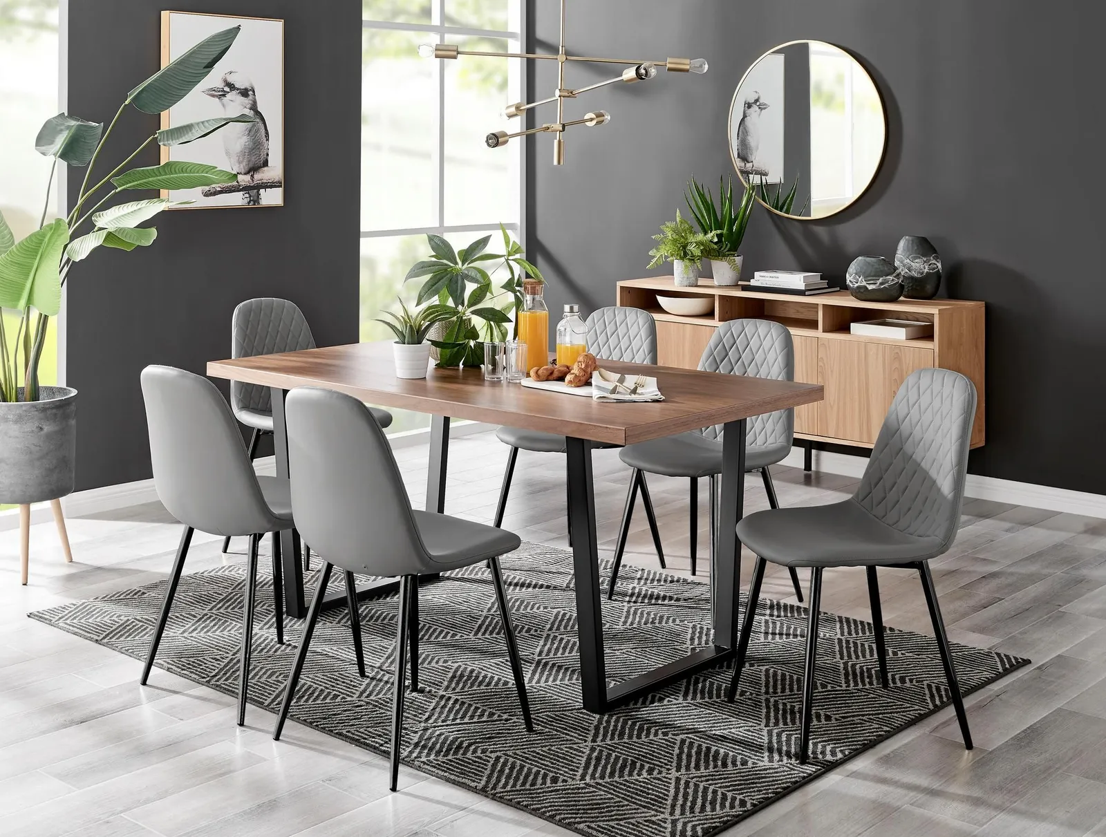 FurnitureboxUK Kylo Large Brown Wood Effect Dining Table & 6 Corona Black Leg Feax Leather Chairs in Grey 1