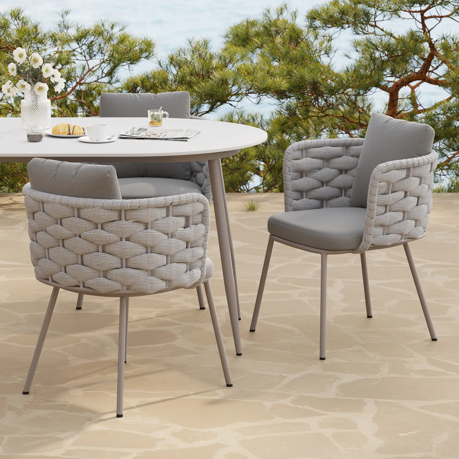 Set of 2 Modern Grey Aluminium Rattan Outdoor Dining Chairs with Ergonomic Armrests – Durable & Weather-Resistant for Patios, Gardens, or Balconies