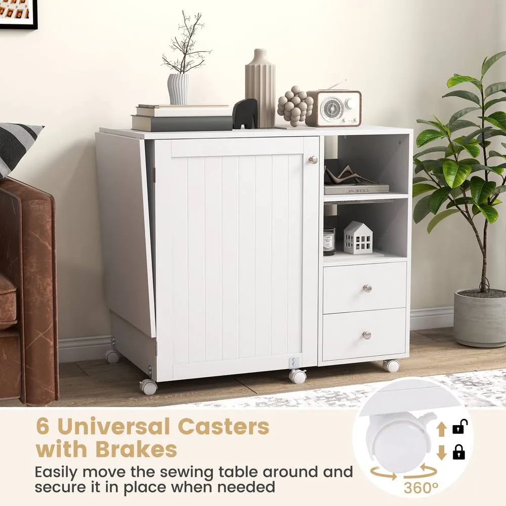 Costway Folding Sewing Table w/Charging Station Sewing Machine Cart Table-White in White 6