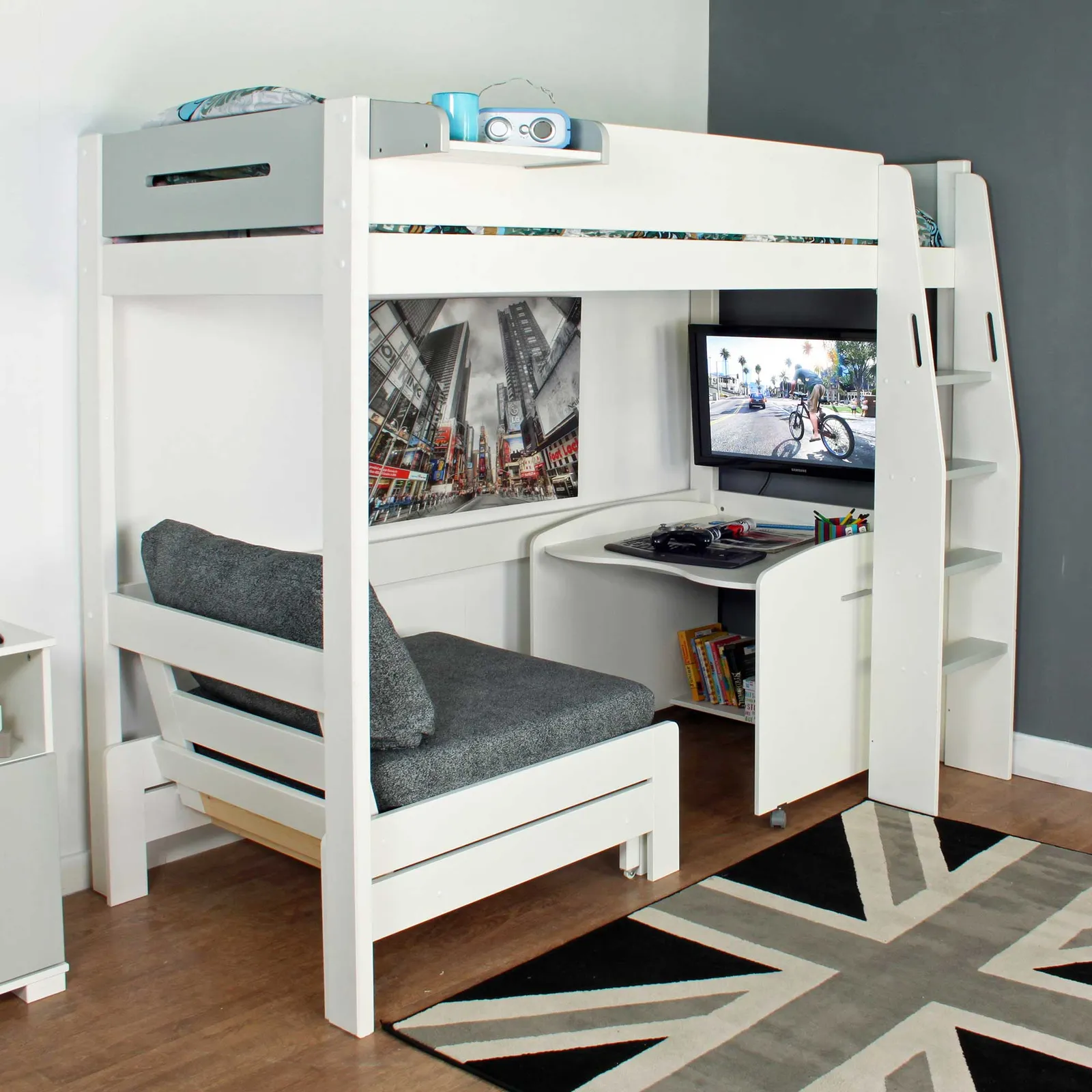 Urban Grey Childrens Highsleeper Bed with Desk and Futon