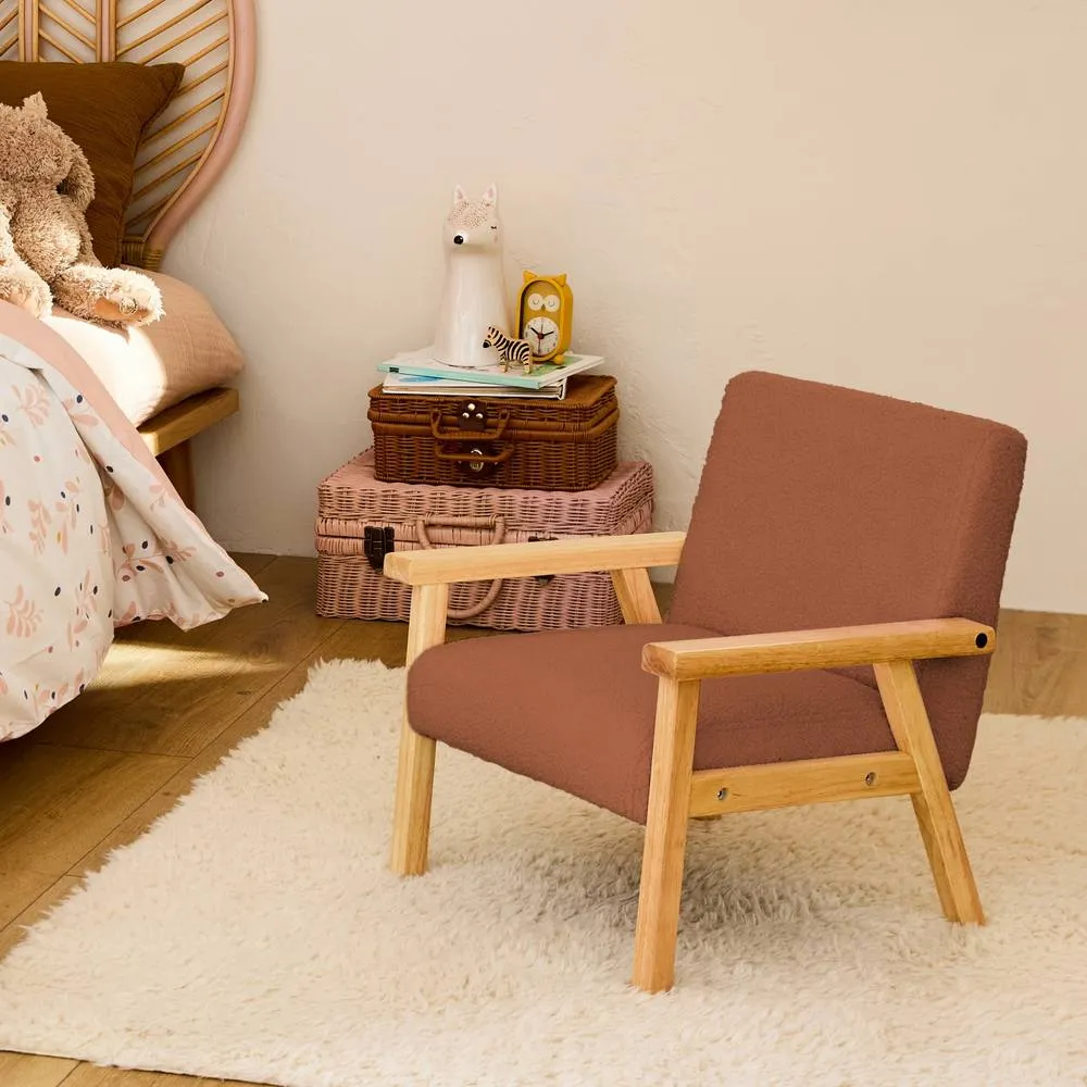 sweeek Children's scandi-style armchair in boucle fabric, rubberwood in Terracotta