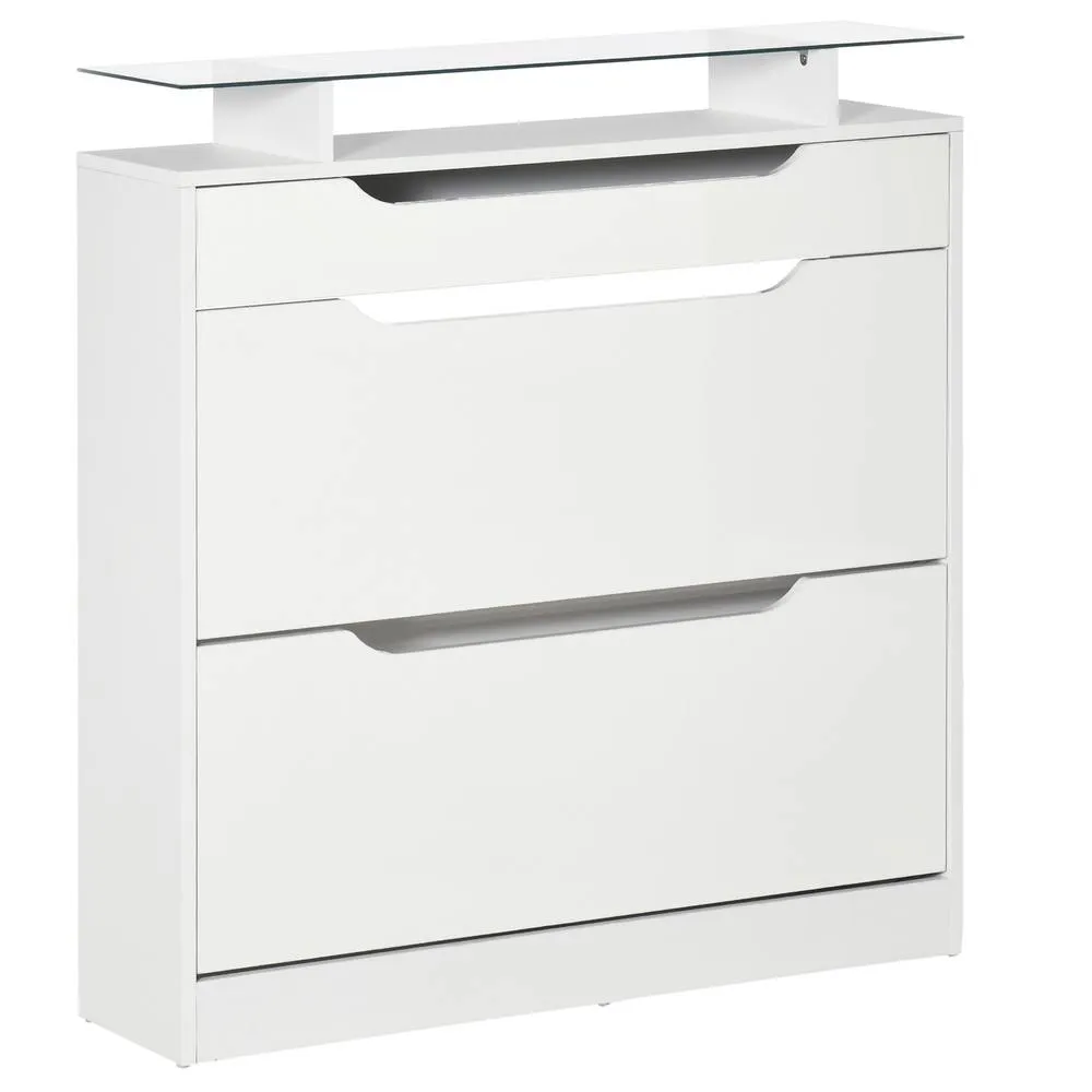 HOMCOM Shoe Cabinet with 3 Drawers, High Gloss Front Panels, Glass Top White