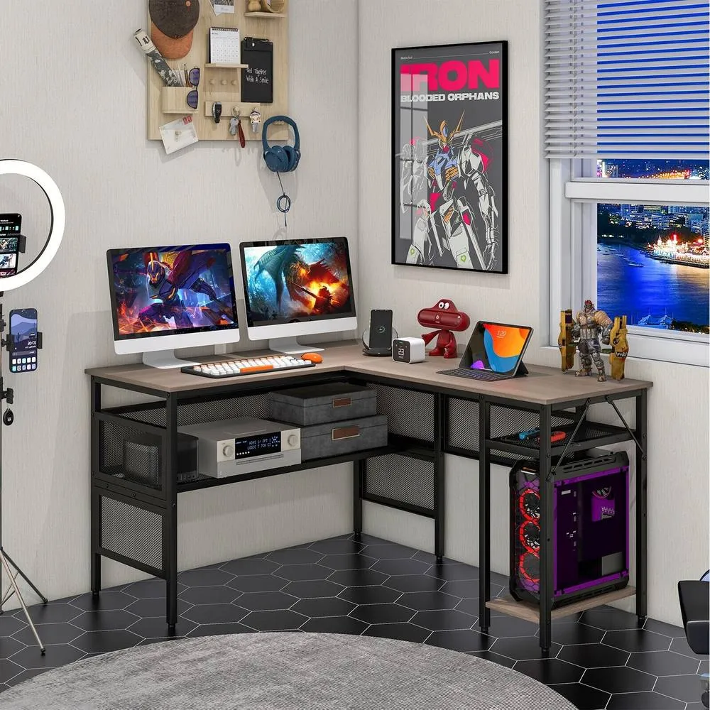 Costway L-Shaped Computer Desk Reversible Corner Workstation w/ Mesh Storage in Grey 4