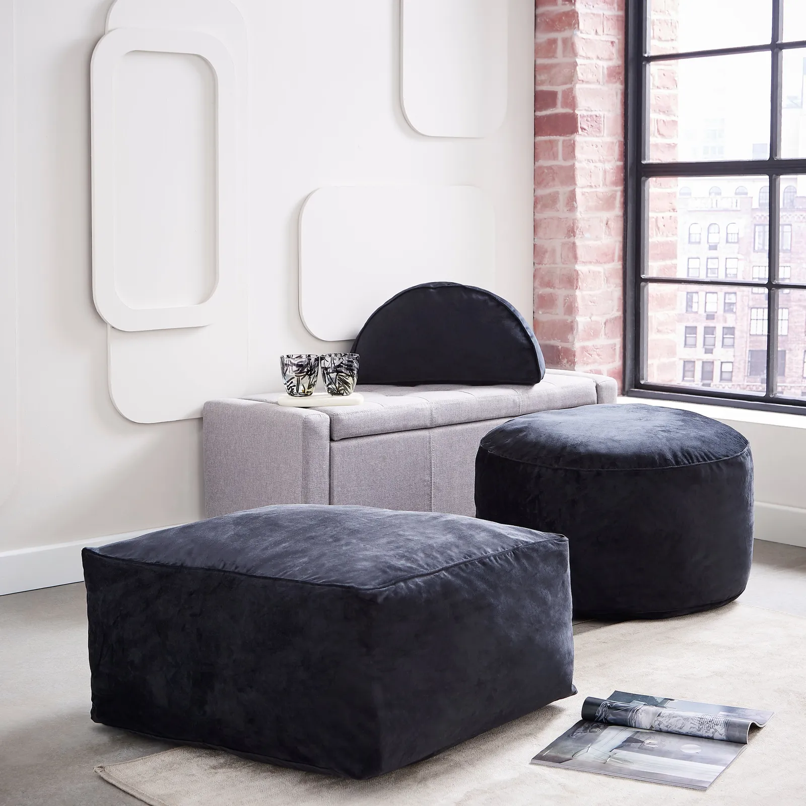 Kaleida Recycled Velour Square Pouffe Black