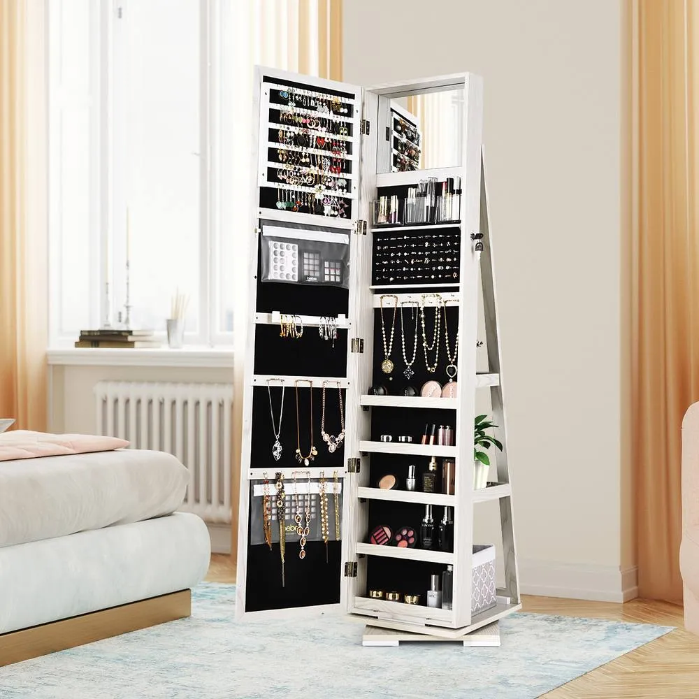 Costway 360 Rotating MirroredJewelry Cabinet Free Standing Jewelry Armoire in White 4