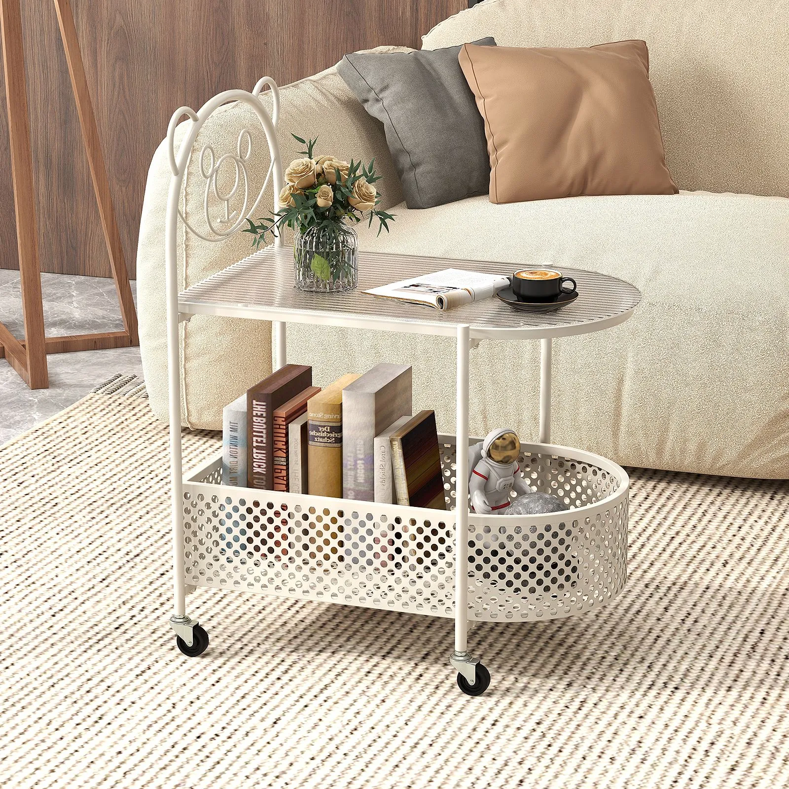 Costway Mobile Glass Coffee Table 2-Tier Modern Cocktail Table-White in White 3