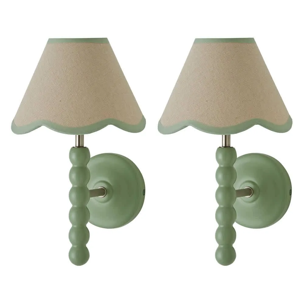 ValueLights Bobbins Pair of Green Wall Lights & Linen Pastel Trim Lamp Shades in Pale Green