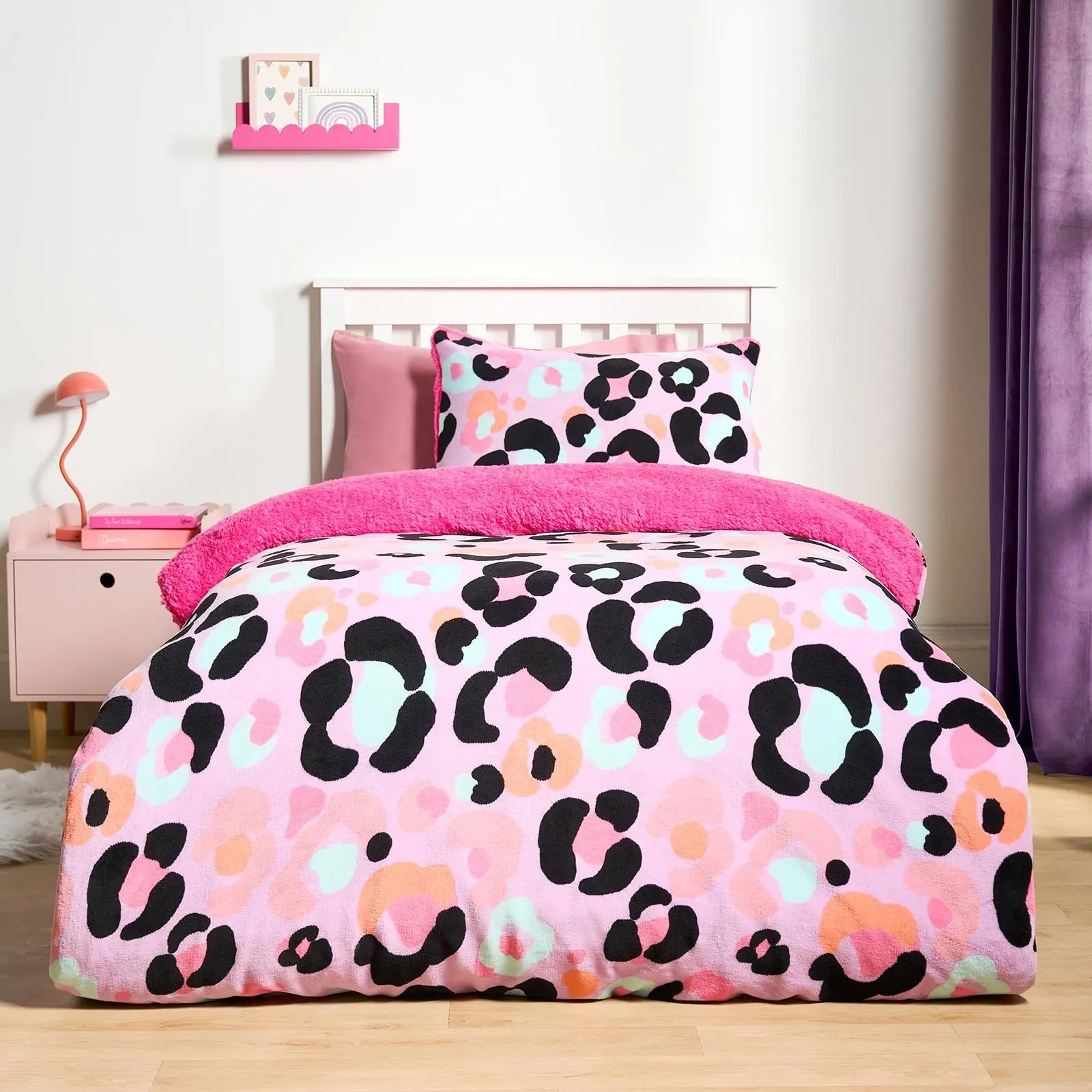OHS Leopard Sherpa Fleece Reversible Duvet Cover Set with Pillowcase in Lilac