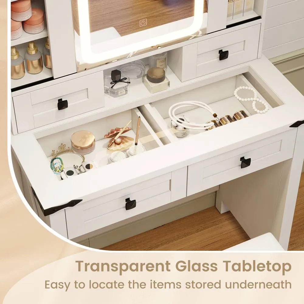 Costway Makeup Vanity Desk Set Wooden Dressing Table & Stool w/Mirror & Lights in White 4