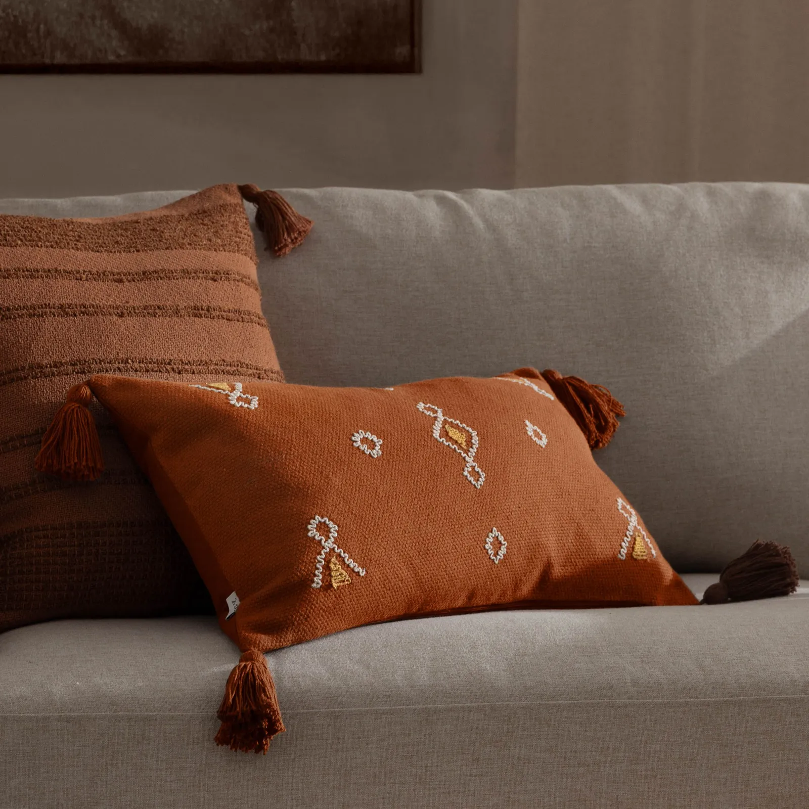 Furn Meare Embroidered 100% Cotton Cushion in Burnt Orange
