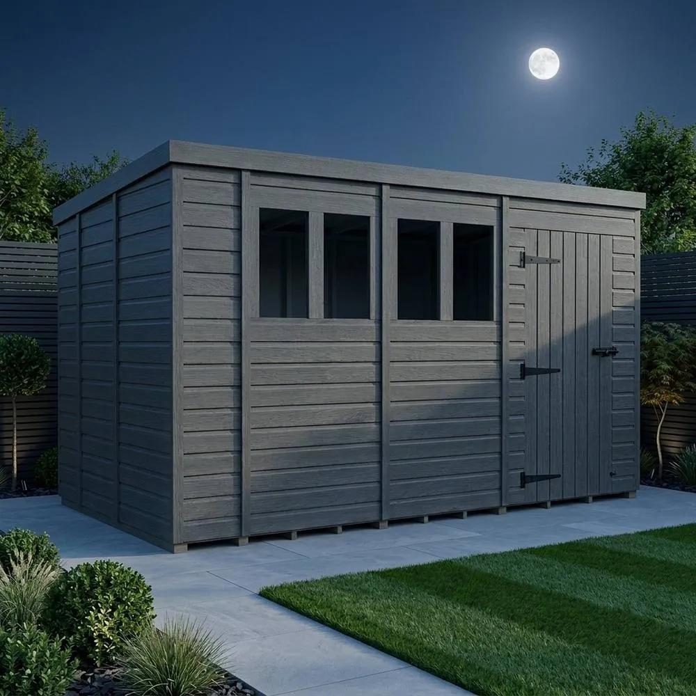 Buttercup Farm 14ft x 9ft Composite Pent Garden Shed Single Door With Windows in Grey 3