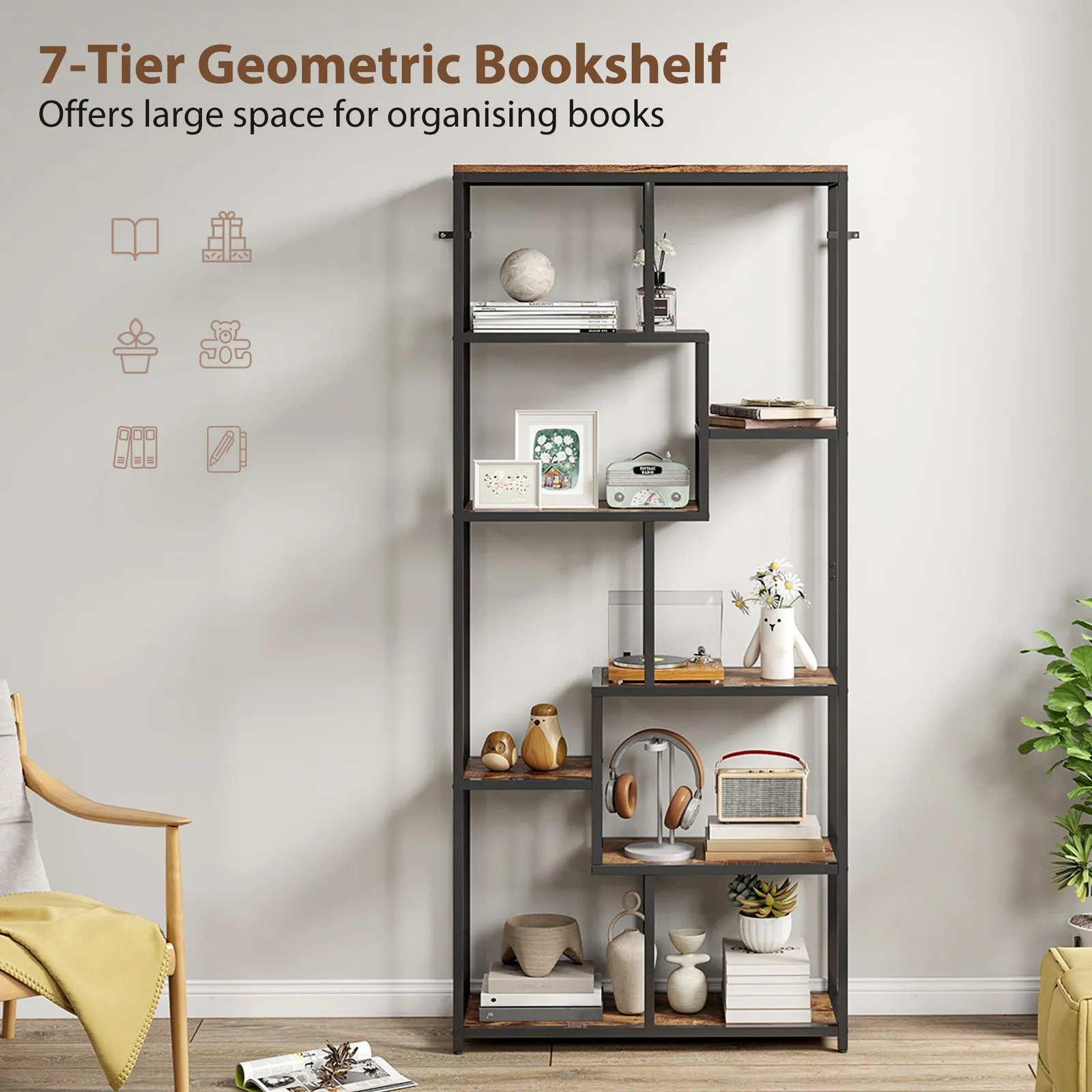 HOMCOM Industrial Bookcase 7-Tier Bookshelf Shelving Unit Rustic Brown Black 4