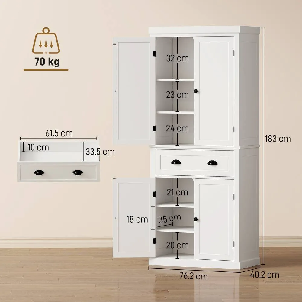 HOMCOM Tall Kitchen Cupboard, 183cm Freestanding Storage Cabinet with Drawer in White 3