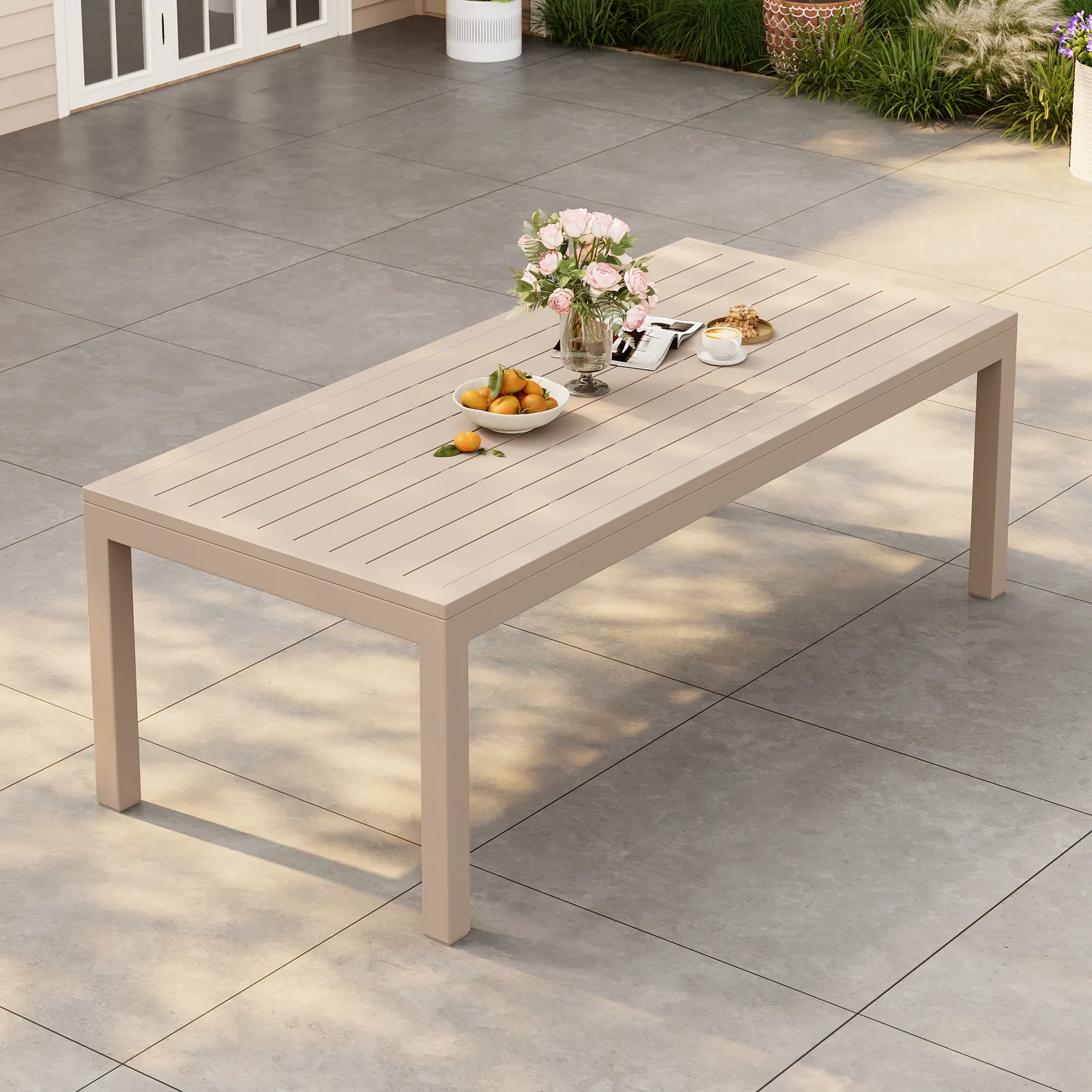 Wevara 220 cm Sand-Finished Aluminium Slatted Outdoor Dining Table in Sand