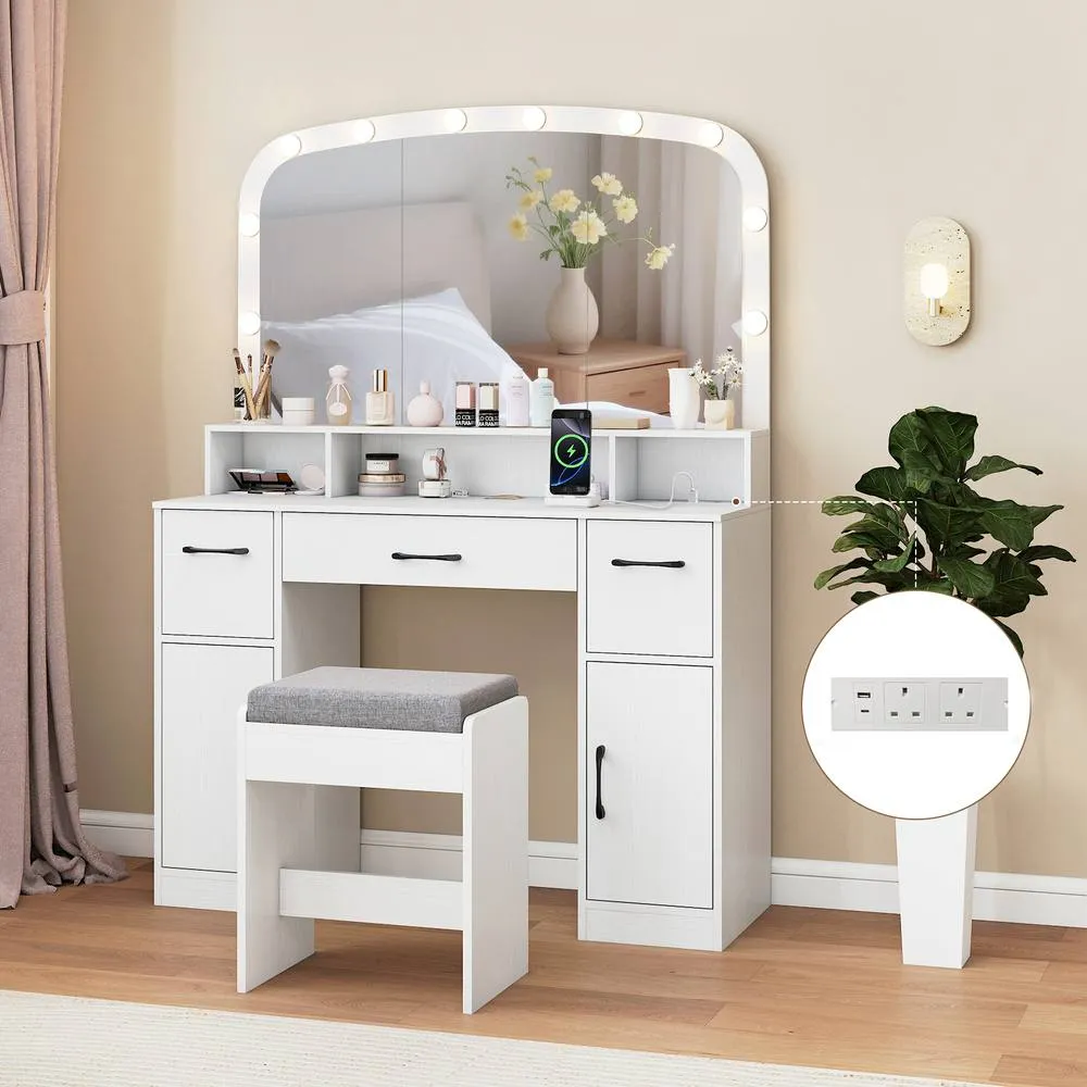 Costway Modern Dressing Table w/Stool Vanity Desk Makeup Table w/Mirror Lights in White 4
