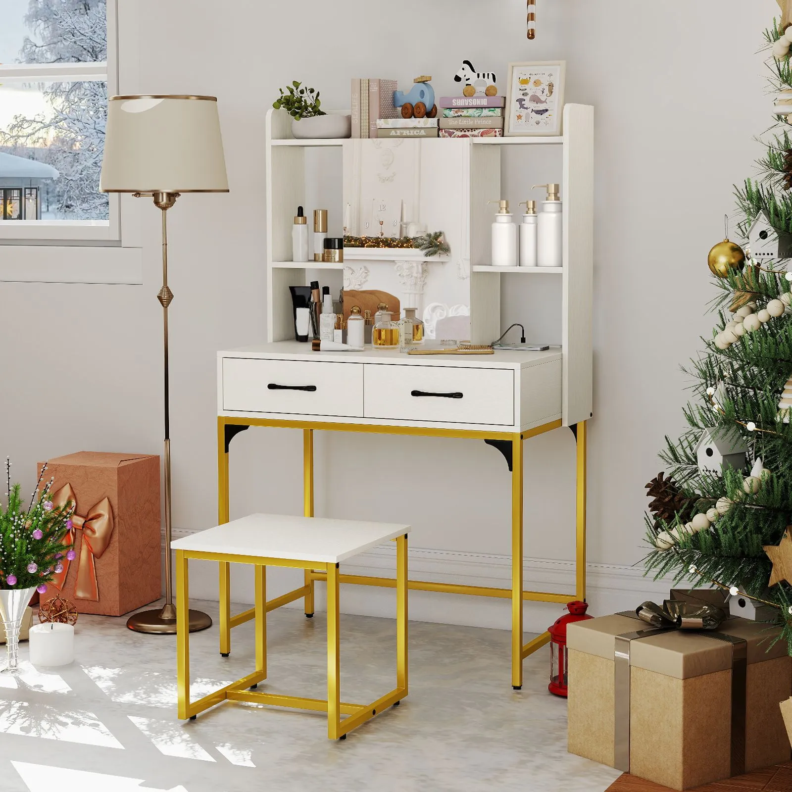 Costway Vanity Desk Wide Makeup Dressing Table with Power Outlets in White 3